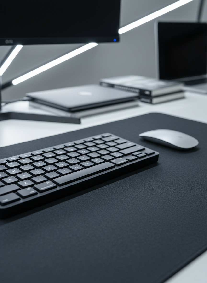 A close-up view of a crisp, monochrome computer keyboard with a matte finish, its keys perfectly clean and well-spaced, paired with a flat, stainless-steel wireless mouse off to one side. Both are placed on a minimalist dark felt desk pad, with the background fading into soft-focus, showing only the linear edges of an organized workspace. Overhead LED lighting bathes the scene in even, neutral white light, producing minimal shadows and enhancing the sense of modernity and precision. The mood is efficient and corporate, captured at an eye-level, slightly diagonal composition, reflecting a structured, orderly approach to digital editing and professional communication in photographic realism.