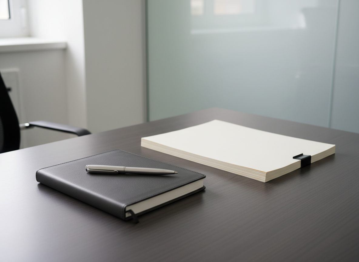 A meticulously organized wooden desk with a smooth matte finish, featuring a closed charcoal-gray leather-bound notebook, a sleek silver click pen resting on top, and a structured stack of neatly arranged, pale cream-colored documents. The desk sits in a quiet office corner with clean white walls, a glass divider barely visible behind. Diffused daylight pours in from an unseen window to the left, creating gentle, natural highlights on the notebook's cover and subtle shadows beneath the pen. The mood is calm, focused, and highly professional, evoking trust and attention to detail. Captured from an elevated, slightly off-center angle using sharp focus throughout, the composition uses rule of thirds to convey balanced structure in photographic realism, supporting a writing professional's portfolio aesthetic.