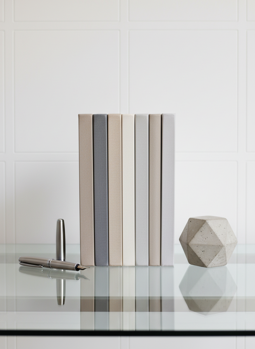 A neatly stacked series of neutral-toned hardcover books with smooth cloth spines—shades of taupe, gray, and ivory—arranged beside a metallic fountain pen and a geometric concrete paperweight. The stack sits atop a polished glass table with crisp reflections underneath, and the scene is anchored by a pale background wall featuring a subtle grid texture. Soft studio lighting from the upper right creates delicate highlights along the book spines, adding quiet depth without harsh shadows. Composed with balanced symmetry and shot at a low, horizontal angle, the image captures a calm, sophisticated mood with a clean, modern, and precise photographic style, embodying the essence of written expertise.